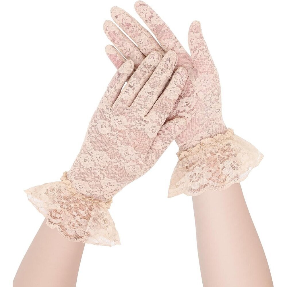 Women's Apricot Short Nylon Mesh Imported Nylon Sheer Lace Ruffles Gloves